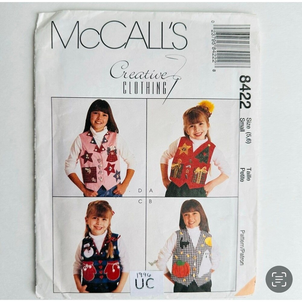 McCall's 8422 Girls Vest Christmas Holiday Holloween Applique Patterns Sz 5-6
